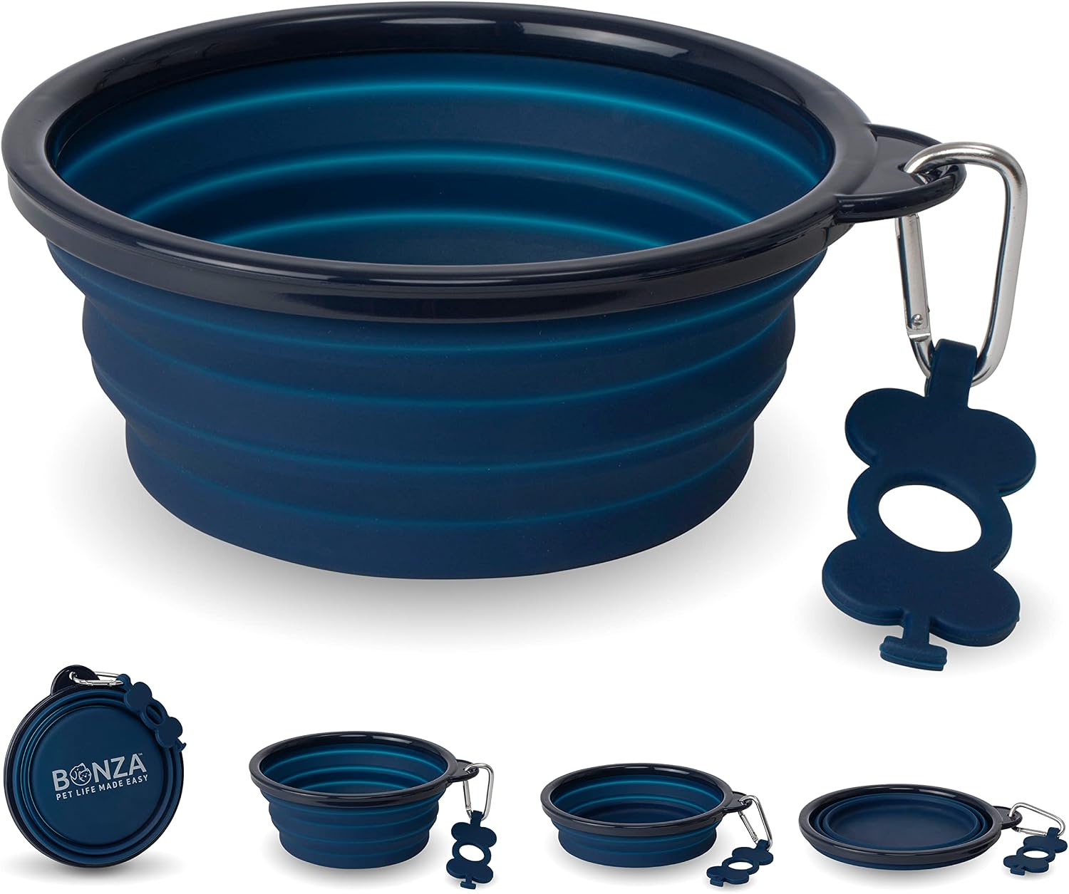 Bonza Collapsible Dog Water Bowl - BPA-Free Silicone Dog Dish - Reinforced Rim Collapsible Bowl - Carabiner Clip Travel Dishes for Pets - for Hiking, Camping & Car Trips - Large 33 Oz, Navy Blue