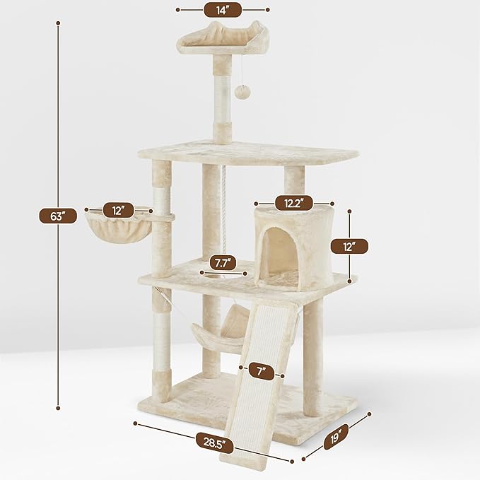 Yaheetech 63.5in Extra Large Cat Tree Condo with Sisal-Covered Scratching Post Plush Perch Hammock, Cat Tower Activity Center Kitten Furniture Play House