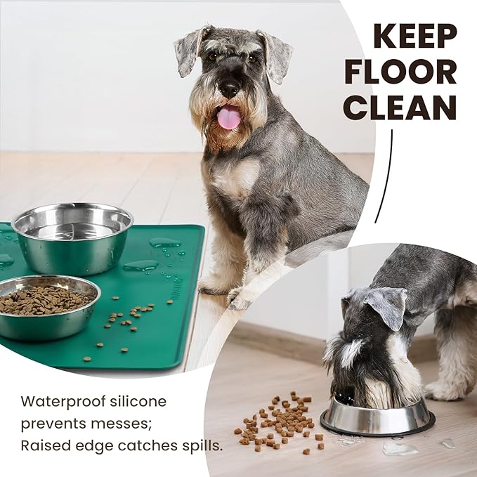 VIVAGLORY Dog Food Mat Flexmat Dog Bowl Mat, Placemat Food Tray with Raised Edges & Lip for Indoor Floor, Non Slip Waterproof Silicone Dish Placemat for Cat & Pet, S, Deep Green