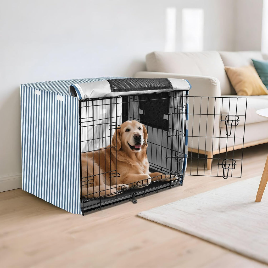 Blue White Stripes Dog Crate Cover 600D Oxford Heavy Duty Kennel Cover Mesh Window Soundproof Waterproof Sunshade Universal Fit for 42 inches Wire Cage
