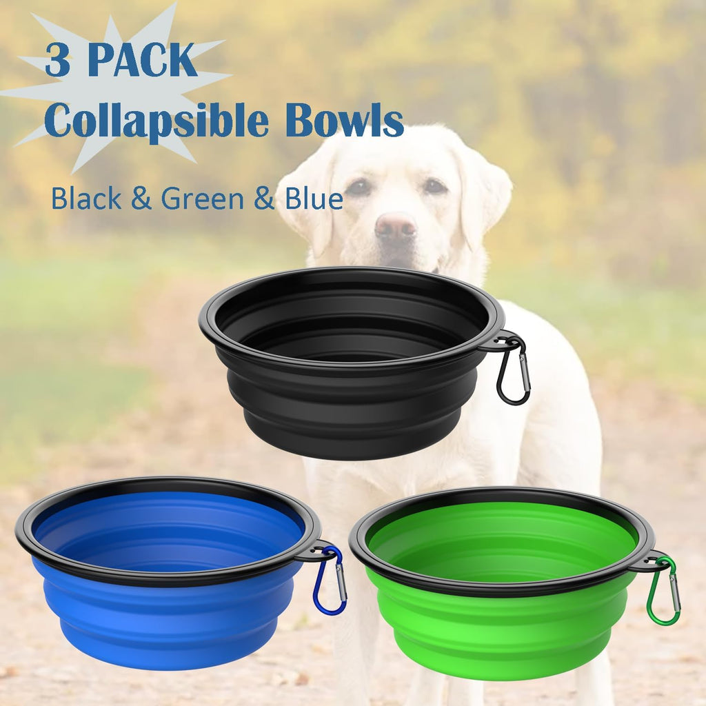 Collapsible Dog Bowls [3 Pack] 34 oz, Travel Dog Bowls, Pet Bowl Portable Foldable Water Food Feeding Dishes with Carabiner Clip for Traveling Hiking Walking-Black & Green & Blue