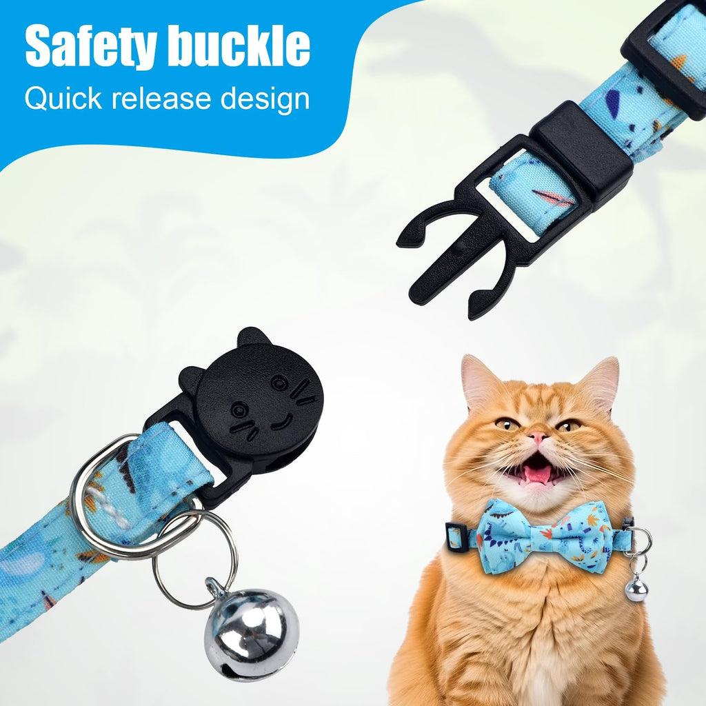 Dinosaur Cat Collar, Cute Dinosaur Bow Tie Cat Collar with Bells Breakaway Bowtie Kitten Collar Dinosaur Pattern Adjustable Cat Collar for Kittens Puppies