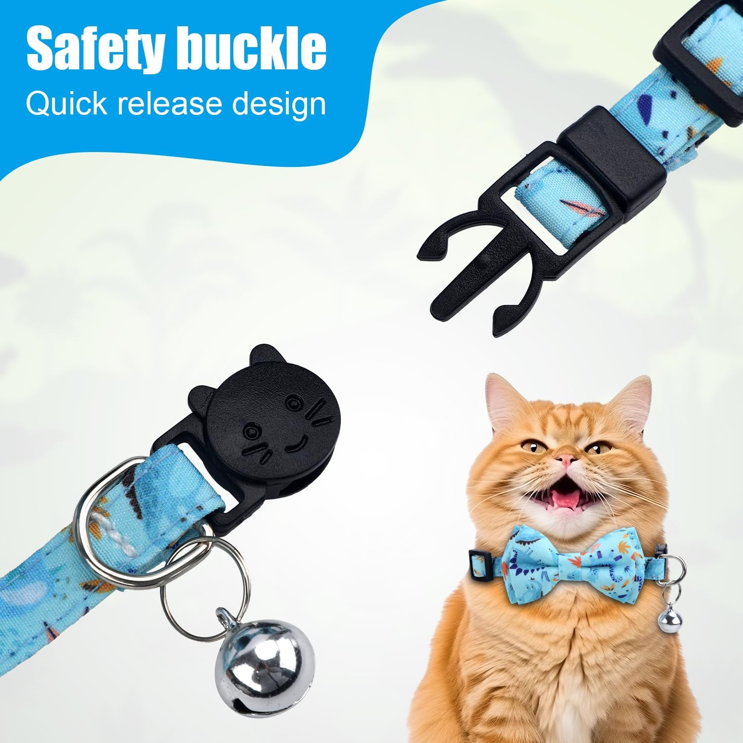Dinosaur Cat Collar, Cute Dinosaur Bow Tie Cat Collar with Bells Breakaway Bowtie Kitten Collar Dinosaur Pattern Adjustable Cat Collar for Kittens Puppies