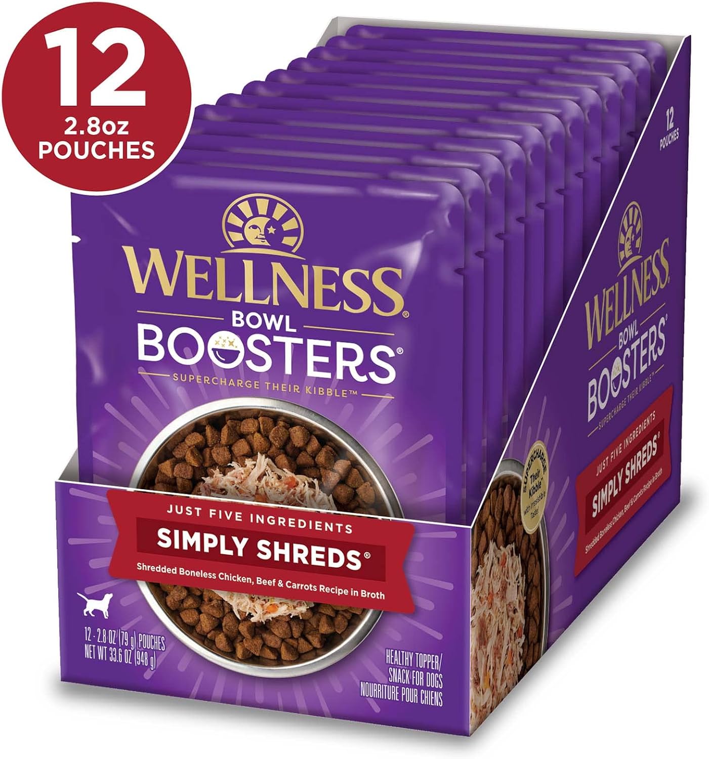 Wellness Bowl Boosters Simply Shreds Wet Dog Food Topper for Small, Medium, and Large Breeds, Grain Free, Natural, Beef and Carrots Recipe, 2.8 oz, Pack of 12 Pouches