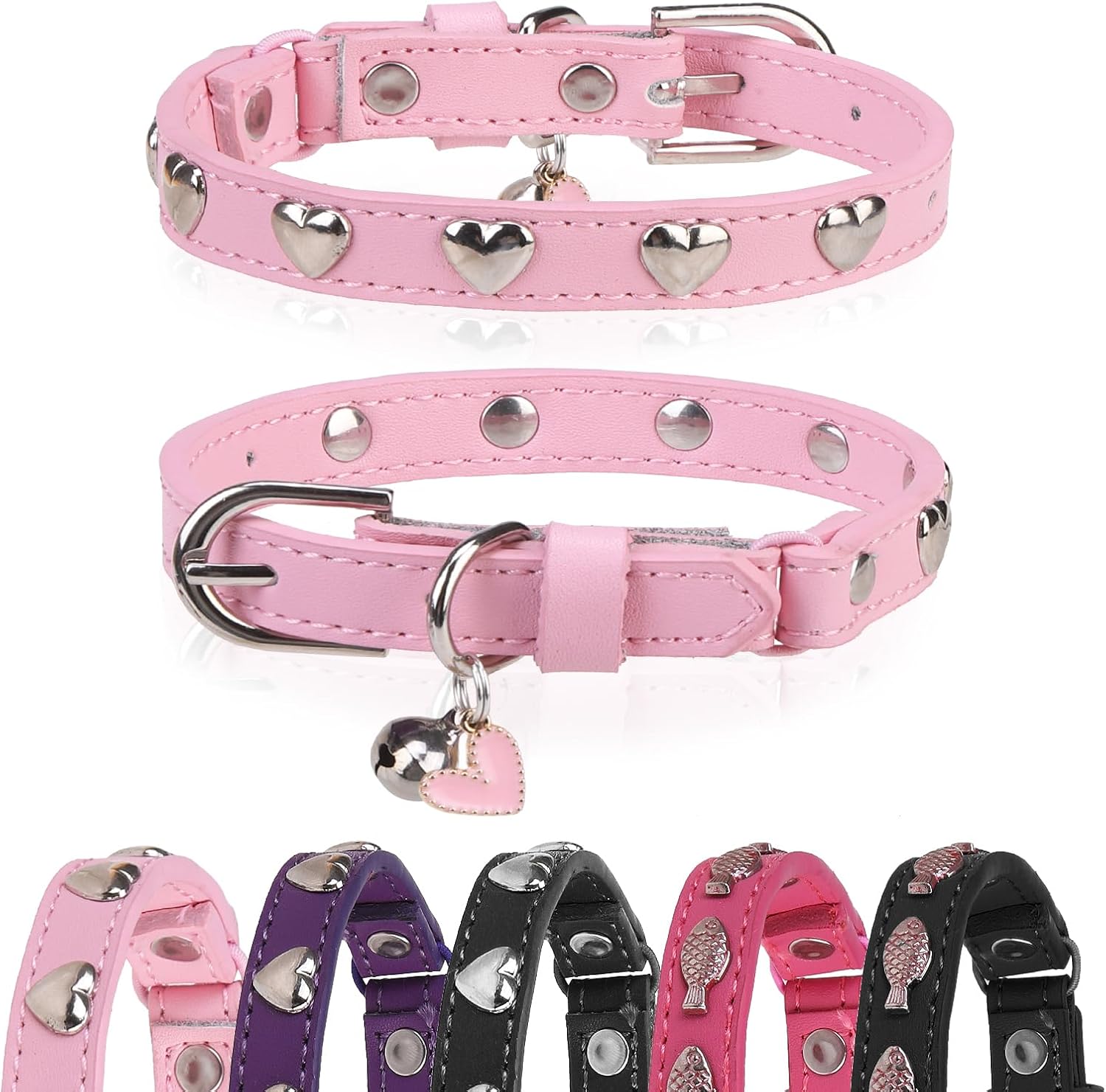 Leather Cat Collar, Breakaway Kitten Collars with Bell, Pink | Spiked & Studded, Cute for Boy Girl Small Pets, Goth Style, Safety Elastic Belt, Adjustable Buckle, Heart, 8-11in