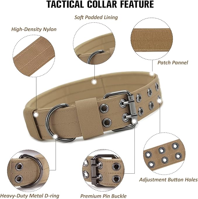 Tactical Dog Collar with Handle, Military Adjustable Heavy Duty Metal Buckle Dog Collars Soft Nylon Training Collar for Medium Large Dogs (Brown, X-Large)