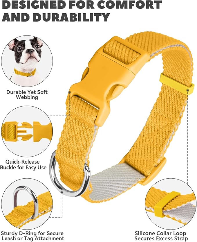 Dynmeow Soft and Breathable Cotton Dog Collar, Durable Adjustable Heavy-Duty Pet Collar with Quick-Release Buckle, Lightweight for Sensitive Skin for Large Dogs, Yellow, L
