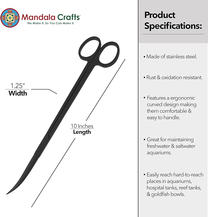Mandala Crafts 10 Inches Black Stainless Steel Curved Aquarium Scissors for Trimming Aquatic Plants – Bent Aquascape Scissors for Fish Tanks, Hospital Tanks, Goldfish Bowls, and Terrariums