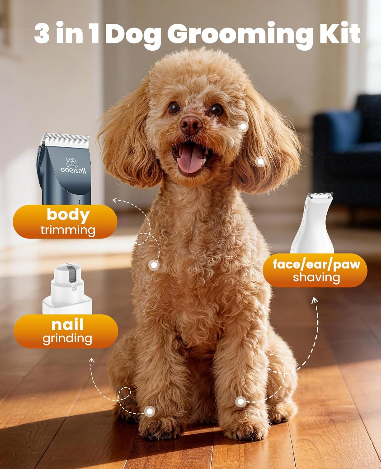 oneisall Dog Clippers and Paw Trimmer Grooming Kit | Low Noise, Powerful Motor, 3-in-1 Dog Trimmers+Nail Grinder, Long-Lasting Battery&Cordless, For Small Medium Large Dogs