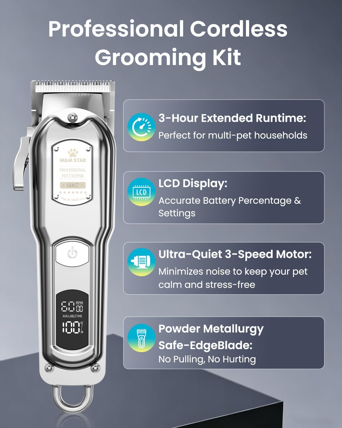 M&M STAR Dog Clippers for Grooming Thick Heavy Coats, All-Metal Body Low Noise Cordless Rechargeable Dog Hair Trimmer, Stainless Steel Blade, Professional Pet Grooming Kit for Dogs & Cats (Silver)