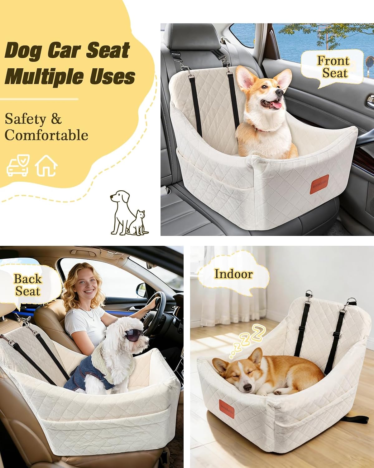 WOOAIDAGG Dog Car Seat for Medium Sized Dog,Pet Travel Car Bed with Seat Belt Channle,Fully Detachable and Washable Car Dog Seat with Adjustable Straps,3 Straps Easy to Install (Beige)