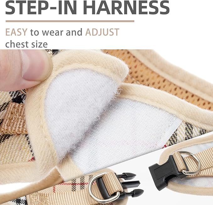 PUPTECK Adjustable Dog Harness Collar and Leash Set Step in No Pull Pet Harness for Small Medium Dogs Puppy and Cats Outdoor Walking Running, Soft Mesh Padded Reflective Vest Harnesses, Beige XS