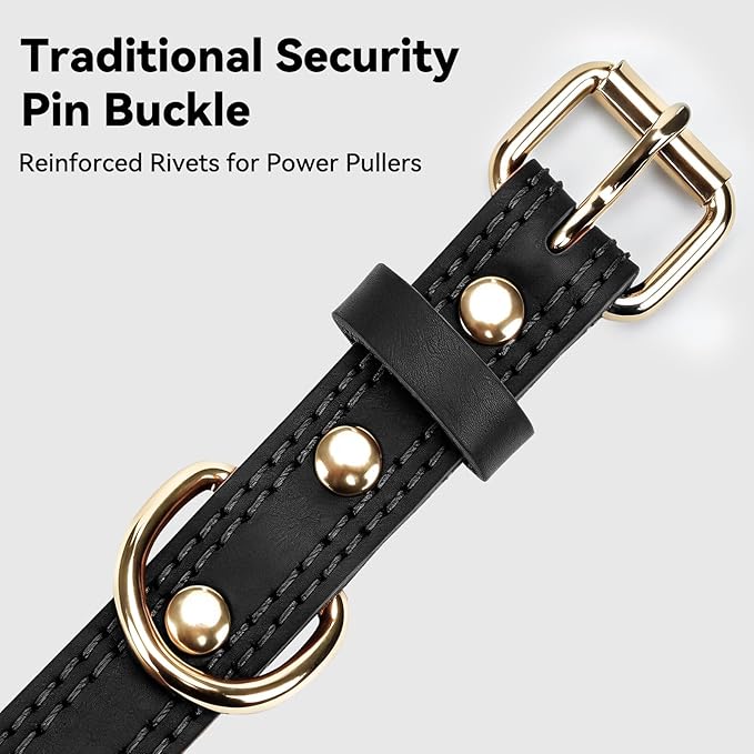 Joytale Genuine Leather Dog Collar for Large Dogs, Heavy Duty Thick Solid Leather for Power Breeds, Sturdy Adjustable Pet Collar with Metal Pin Buckle, Durable for Daily Walking, Black, L