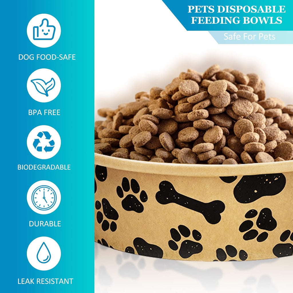 Whaline 50 Pcs Disposable Pet Bowls 16 Oz Kraft Paper Dog Cat Small Food Bowls with Paw Print Design for Travel Camping Picnic Wet Dry Food and Water