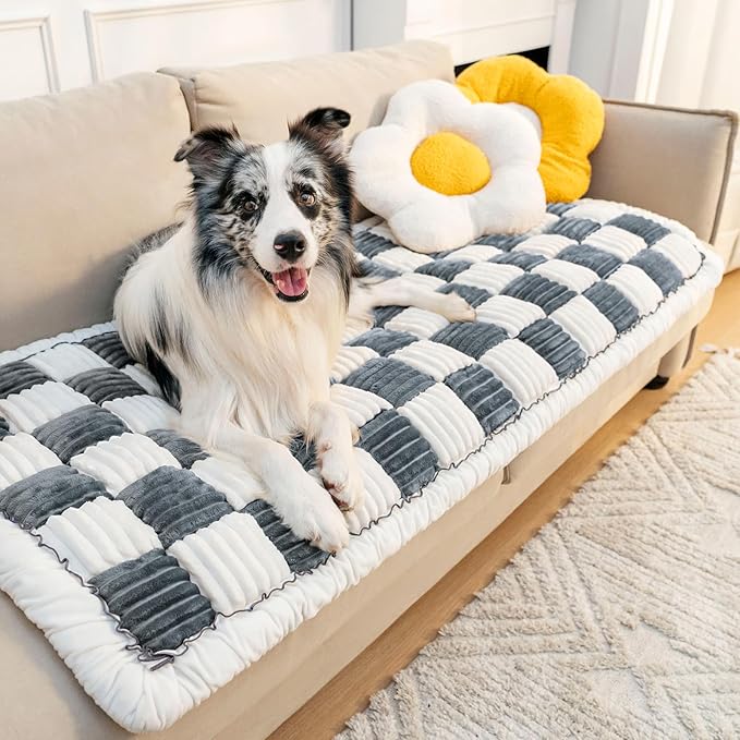 FUNNY FUZZY Pet Couch Covers for Sofa, Couch Covers for Dogs Washable Dog Couch Cover Protector Cream-Colored Furniture Sofa Covers for Dog Handmade Pure Cotton Pet Bed Mat (Grayish Blue, 27.6"×70.9")