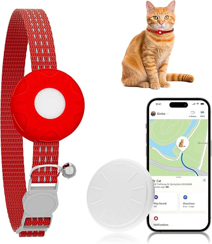 Smart Cat GPS Tracker, Cat GPS Tracker Compatible with Apple Find My App (Only iOS), No Monthly Fee, Waterproof (White Tracker, Red Cat Collar)