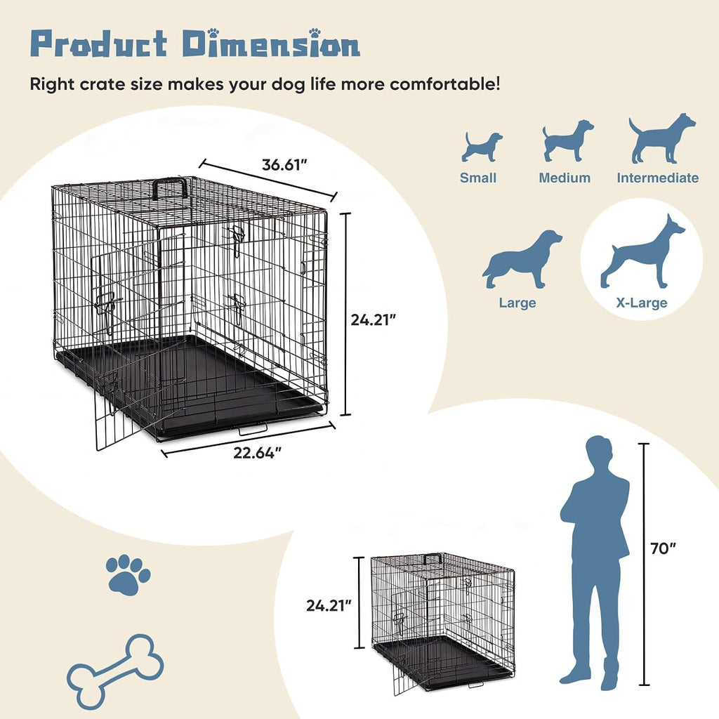 DUMOS 36 Inch Dog Crate, Foldable Small Medium Dog Cage Pet Kennel | Double Door Metal Wire, Plastic Leak-Proof Pan Tray, Portable Indoor Outdoor Training Travel