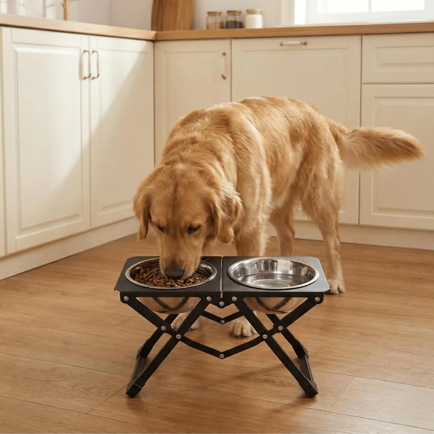 Foldable Elevated Dog Bowl Holder with 2 Large 58oz Stainless Steel Bowls, 10.2" Tall Raised Dog Bowl Stand for Medium/Large Breeds with Silicone Mat, Indoor and Outdoor Use