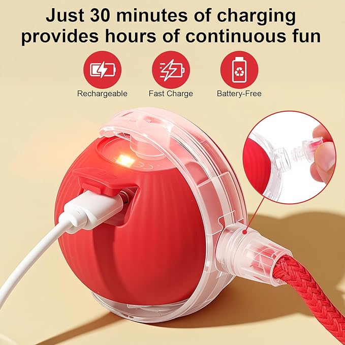 Interactive Electric Automatic Rolling Moving USB Rechargeable Self Activated Play Stimulation Toy Smart Chase Teaser Ball with Speedy Tail Rope for Bored Adult Indoor Cats and Dogs, Pink