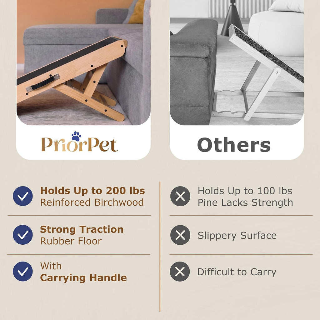 Dog Ramp for Couch – Non-Slip, Sturdy Build Foldable Wooden Dog Ramp – Supports up to 200 lbs – 7 Adjustable Heights (14"–20.5") – Enhanced Stability – Birchwood Pet Ramp for Small Dogs – Natural