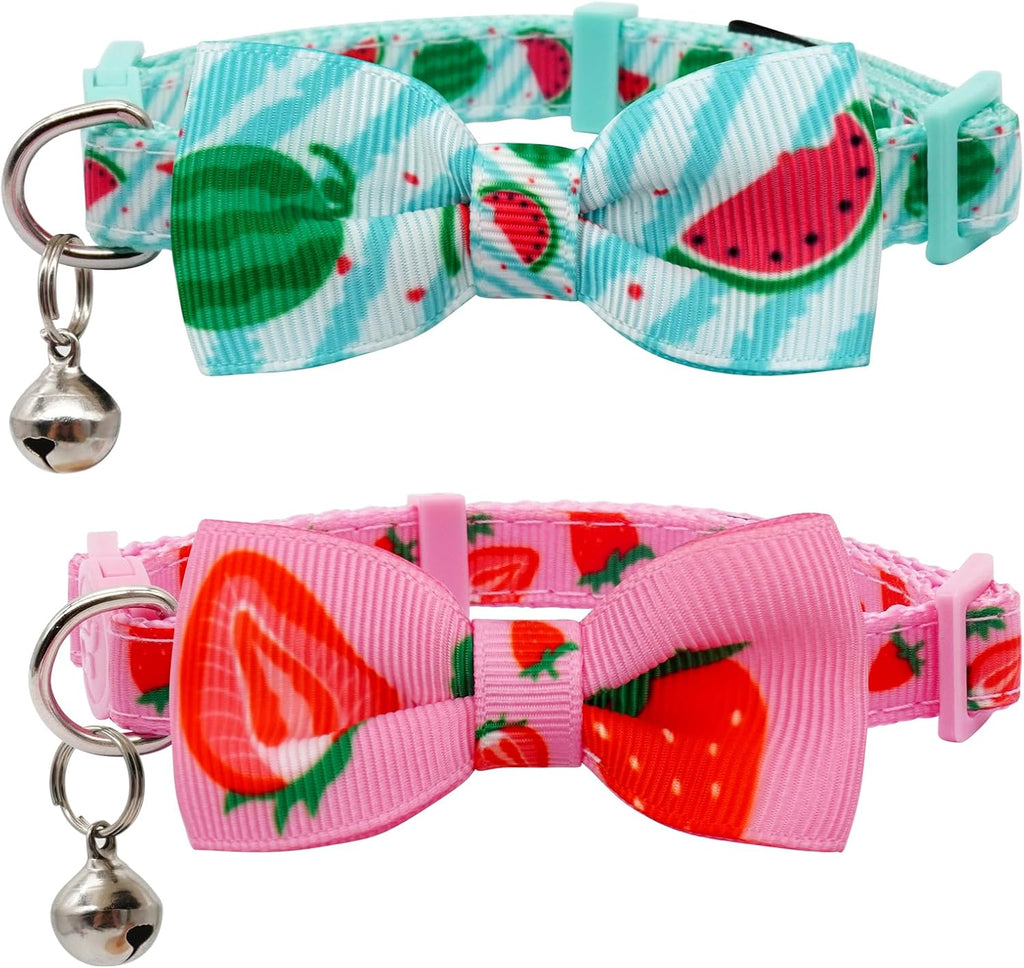 azuza 2 Pack Cat Collars with Bells, Safety Breakaway Buckle, Cute Fruits | Safety Breakaway Buckle, Removable Bell, 2 Pack Fruits Bowtie Design, Soft Nylon Material, Adjustable Fit for Boy Gir Cats