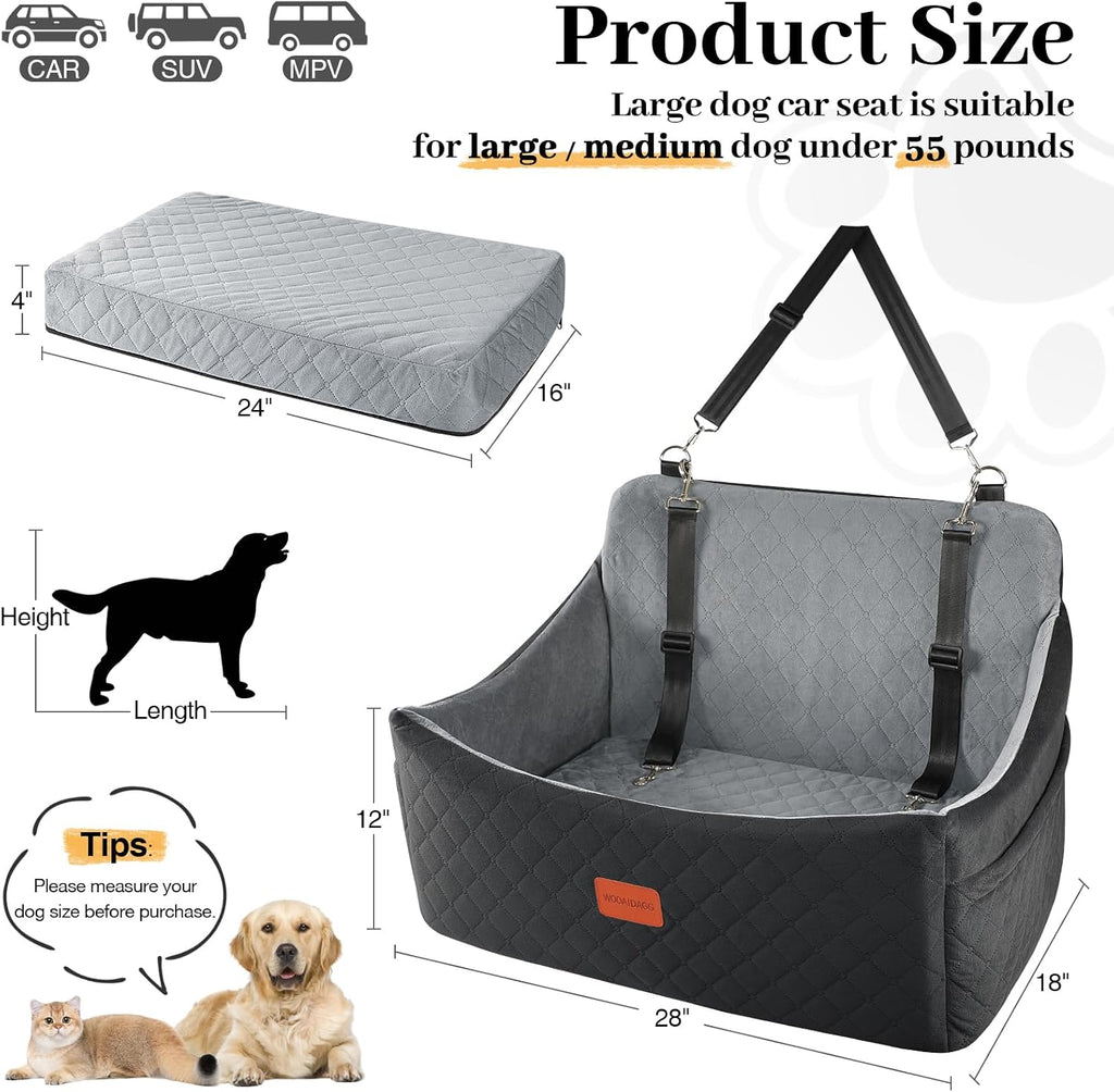 Wooaidagg Dog Car Seat for Medium & Large Dogs Up to 55lbs, Memory Foam Cushion, Washable Cover, Safety Straps & Non-Slip Base(Black/Grey,Large)