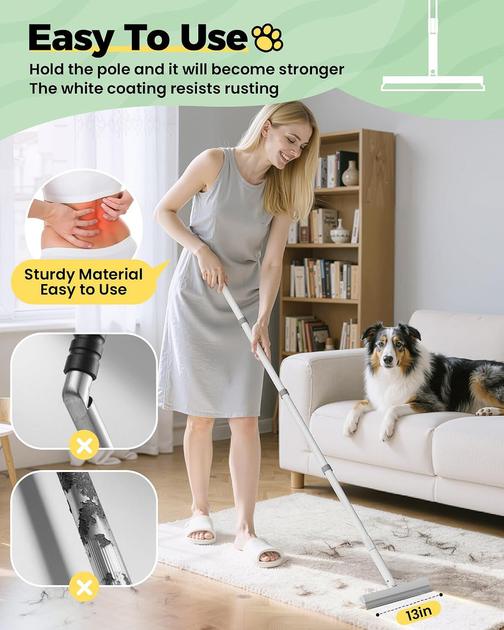 Carpet Rake for Pet Hair Removal Tool - 4 in 1 Pet Hair Remover Kit for Dog Cat Fur Remover, Contain 60" Adjustable Rubber Broom, Glove, Magic Brush and Scraper for Furniture,Short Pile Carpets, Mats
