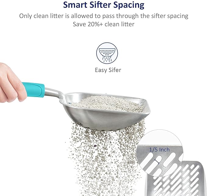 WePet Cat Litter Scoop, Aluminum Alloy Sifter, Kitty Metal Scooper, Deep Shovel with Diagonal Sifting Hole, Long Handle, Kitten Poop Lifter for Litter Box, Medium Size, Turkish Blue Handle