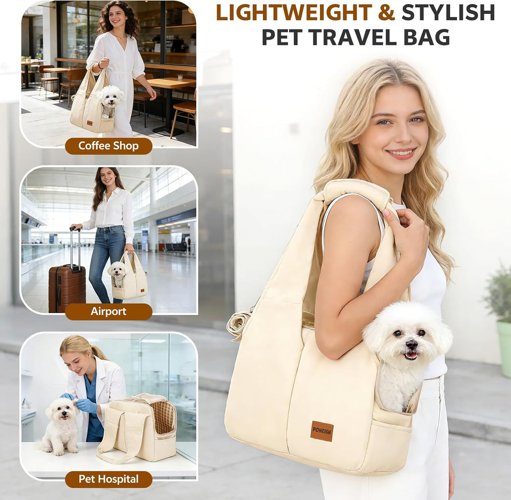 Dog Purse Carrier for Small Dogs and Cats, Soft-Sided Pet Tote Bag with 6 Large Pockets, Collapsible Travel Puppy Carrier with Small Cushion, Fits Pets up to 6 lbs (Beige, 13.6" L x 6.6" W x 10" H)