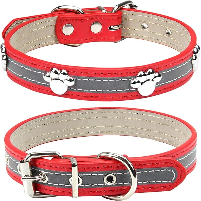 PETCARE Reflective Dog Collar with Cute Paw Rivet Studded Funny Soft PU Leather Adjustable Puppy Dog Collars for Small Medium Large Dogs Cats (Red,Medium)