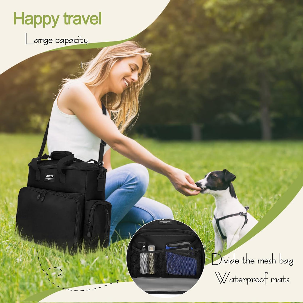 LARIPOP Dog Travel Bag Airline Friendly for Small Medium Large Dogs, Pet Travel Organizer with Collapsible Bowls Food Containers Mat, Waterproof Portable Tote for Dog Outdoor Travel