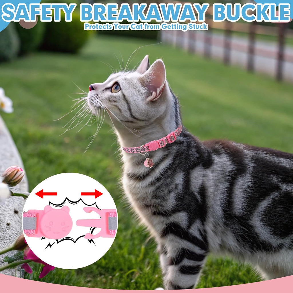 BINGPET Reflective Cat Collar Breakaway with Bells,3 Pack Kitten Collar for Girl Boy Cats with Cute Pendant Glow in The Dark,Adjustable 8''-11.8'',Pink