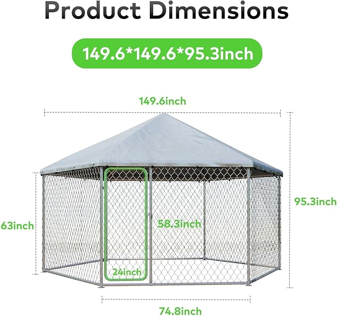 12x12 Outdoor Dog Kennel Outside Heavy Duty Dog Enclosure with Waterproof UV-Resistant Cover & Security Lock (149.6" L x 149.6" W x 95.3" H)