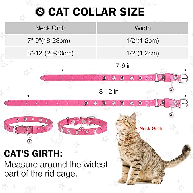 Leather Cat Collars for Boy Girl Cats with Bell and Safety Elastic Belt, Personalized Star and Moon Stud Adjustable Safe Buckle Collar for Kitty Small Big Cats Size 8-12 Inch, Rose