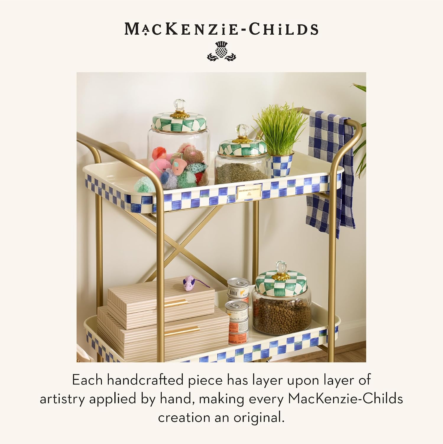 MACKENZIE-CHILDS Enamel Pet Dish, Large, Green-and-White Emerald Check | Hand-painted design, made from enameled steel, decorative cat and dog bowl for food and water, 40-ounce capacity