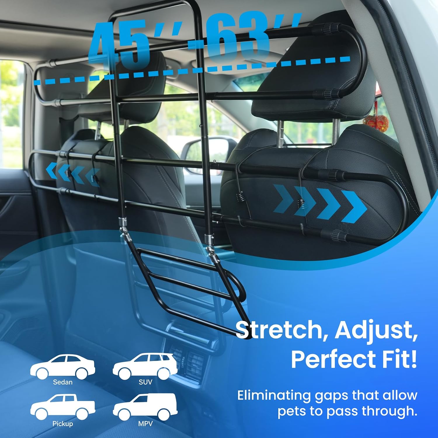 Dog Car Barrier,45"–63" Width Adjustable with 5 Hooks | Easy to Assemble and Install Dog Car Barriers Fits Well in Various Vehicles Adjustable with Seat Movements Recycled Materials