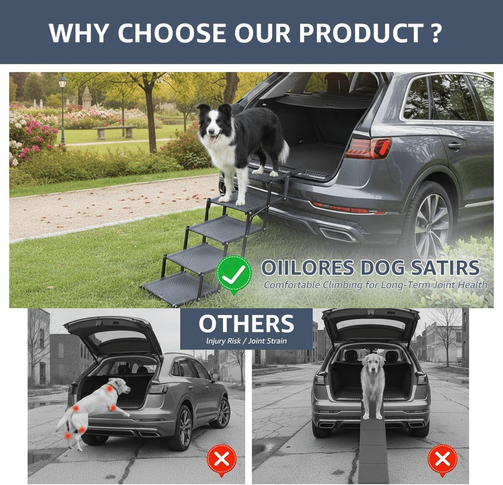 Oiilores Foldable Dog Stairs for Large Dogs - Extra Wide Pet Ramp for Cars, SUV, Non-Slip Surface, Supports Up to 250 Lbs, 5 Steps
