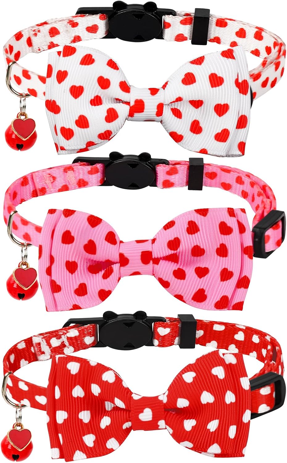 JarThenaAMCS 3Pcs Valentine's Day Cat Collar Love Heart Bowtie Collar with Breakaway Bell Red White Pink Adjustable Kitten Collars for Girl Boy Cat Small Pet