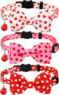 JarThenaAMCS 3Pcs Valentine's Day Cat Collar Love Heart Bowtie Collar with Breakaway Bell Red White Pink Adjustable Kitten Collars for Girl Boy Cat Small Pet