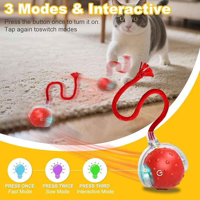 Interactive Cat Toys Ball for Indoor Cats＆Dog,Automatic Cat Toy with Smart Obstacle Avoidance,Bird Chirps & Auto Wake-Up,Includes 4 Cat Spiral Spring,Cat Enrichment Toys for Indoor Cats(Red)