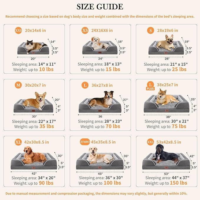 Comfort Expression Orthopedic Dog Bed for Extra Large Dogs 48x30 Inch, Waterproof Egg Crate Foam XXL Pet Bed with Removable Bolsters, Dog Couch with Washable Cover & Non-Slip Bottom, Grey