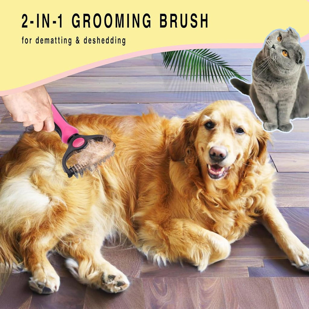 Pet Grooming Rake for Dogs & Cats - Double-Sided Deshedding and Dematting Tool, Gently Remove 95% of Loose Undercoat & Mats for Long-Haired Pets, Painless Fur Brush for Shedding Control (Pink)