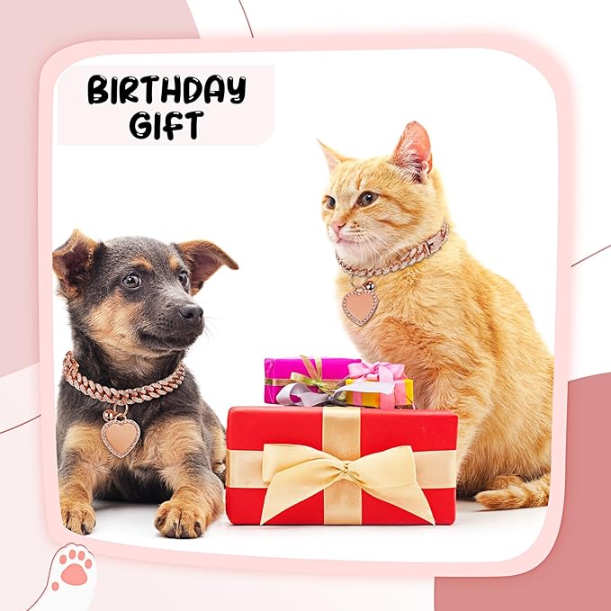 Hillban Dog Chain Gold-Plated Diamond Collar with Heart Rhinestones Jewelry Pet ID Tag Chain Bling Puppy Collar with Personalized Name Tag for Small Medium Large Dog Cat(Rose Gold,8 Inch)