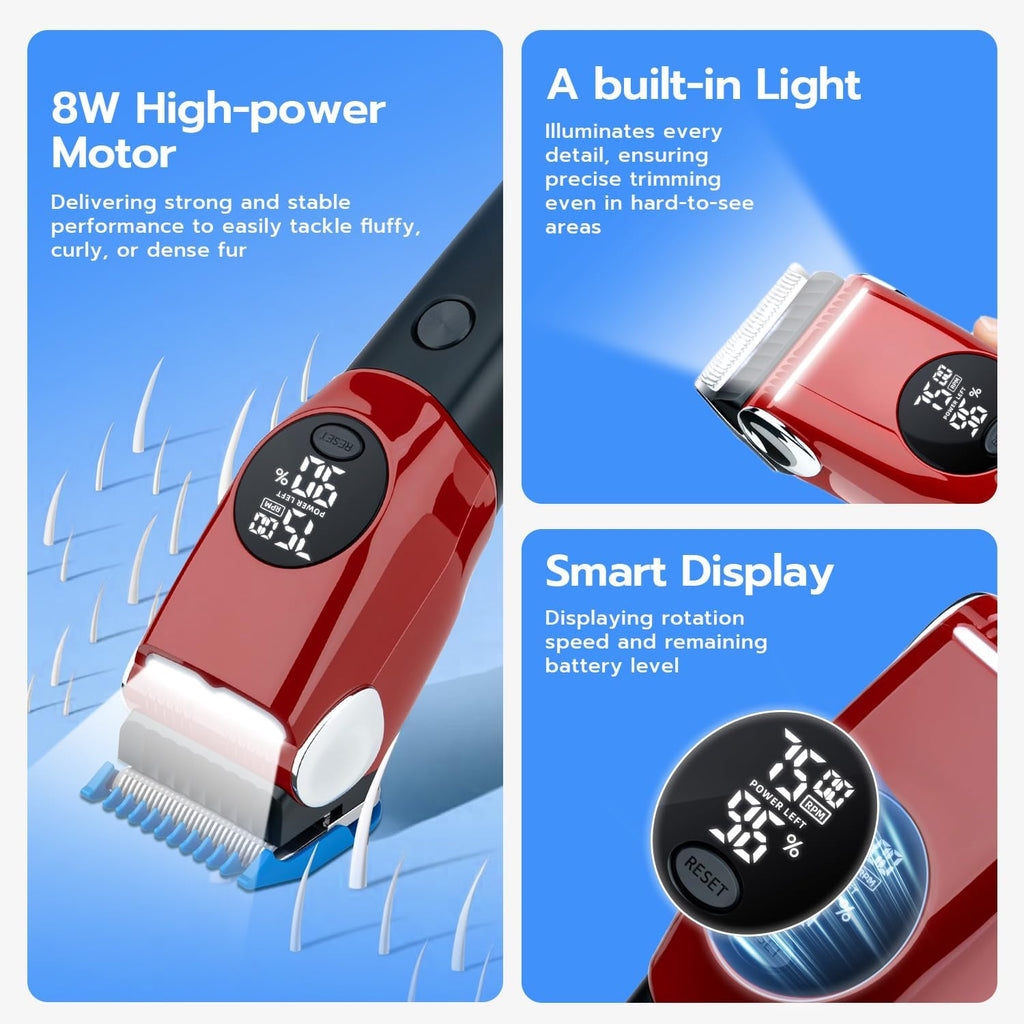 Mcbazel Dog Clippers Grooming Kit, Low Noise Rechargeable Cordless Adjustable Pet Hair Shaver Trimmers Set for Dogs, Cats and Other Pets [Red]