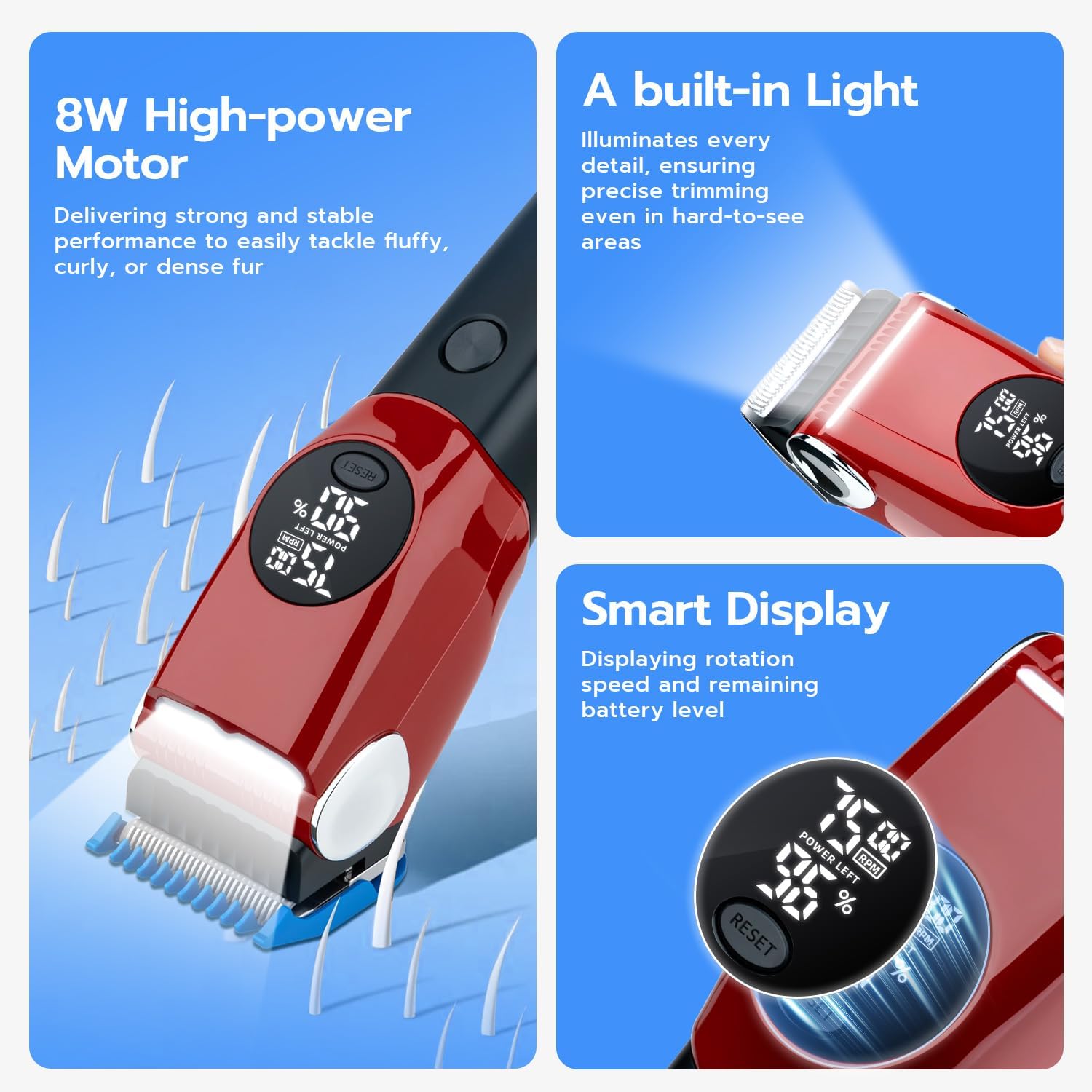 Mcbazel Dog Clippers Grooming Kit, Low Noise Rechargeable Cordless Adjustable Pet Hair Shaver Trimmers Set for Dogs, Cats and Other Pets [Red]