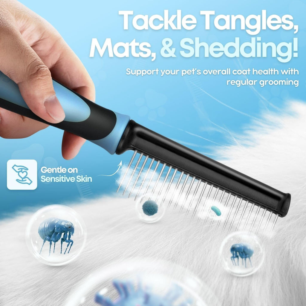 Flexzion Metal Dog Comb for Grooming and Dematting, Blue Soft-Grip Handle | Detangling Pet Comb for Dogs and Cats with Rounded Stainless Steel Teeth and a Non-Slip Grip