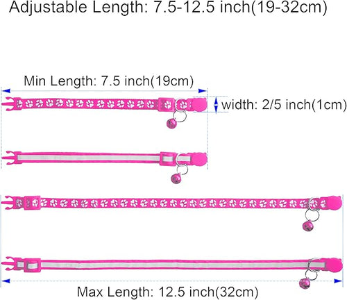 2 Pack Breakaway Cat Collars with Bells, Reflective Design and Claw Print Design, Safety Buckle, Adjustable 7.5-12.5 Inches for Kittens & Cats (Rose)
