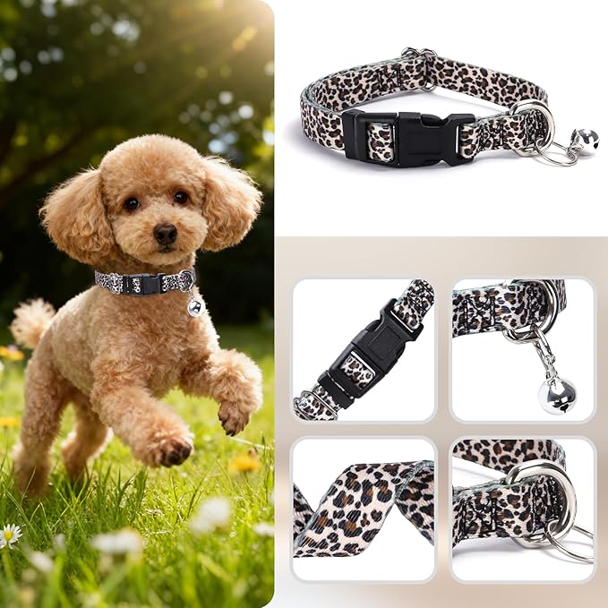 Puppy Collar with Bell，Nylon - Adjustable XXS/XS Tiny Dog & Cat Collar for Small Breeds,Soft Leopard Collar with Quick-Release Buckle（Leopard XS）
