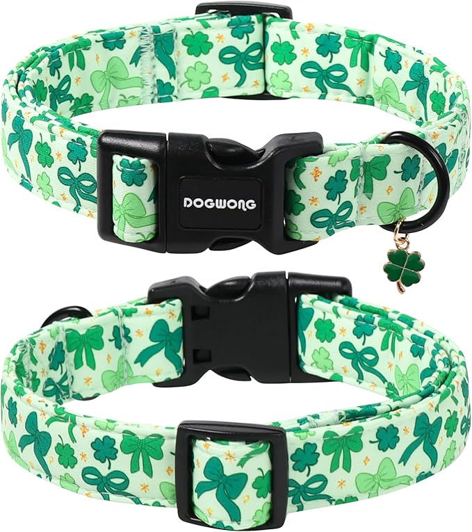 DOGWONG St Patrick's Day Dog Collar-Cute Green Clovers Dog Collar, Adjustable Cotton Shamrock Pet Collar Trefoil Puppy Collars with Quick Release Buckle,XS
