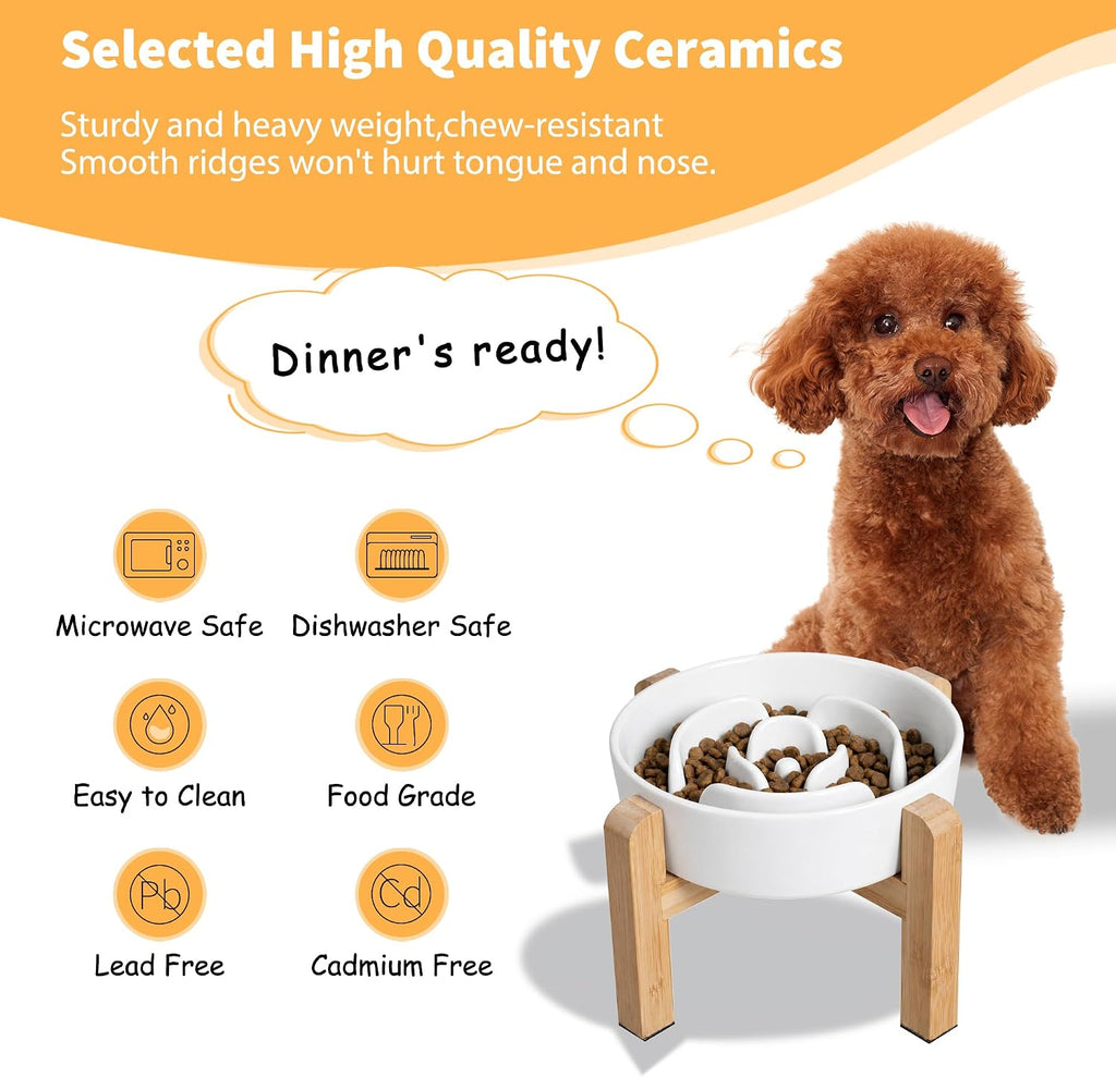 Elevated Slow Feeder Dog Bowl, 6.7" Ceramic Maze Dog Bowl with Stand | 1.5 Cups Slow Feeding Dog Dish for Fast Eaters, 5" Tall Anti-Slip Raised Slow Feeder for Small and Medium Breeds, White